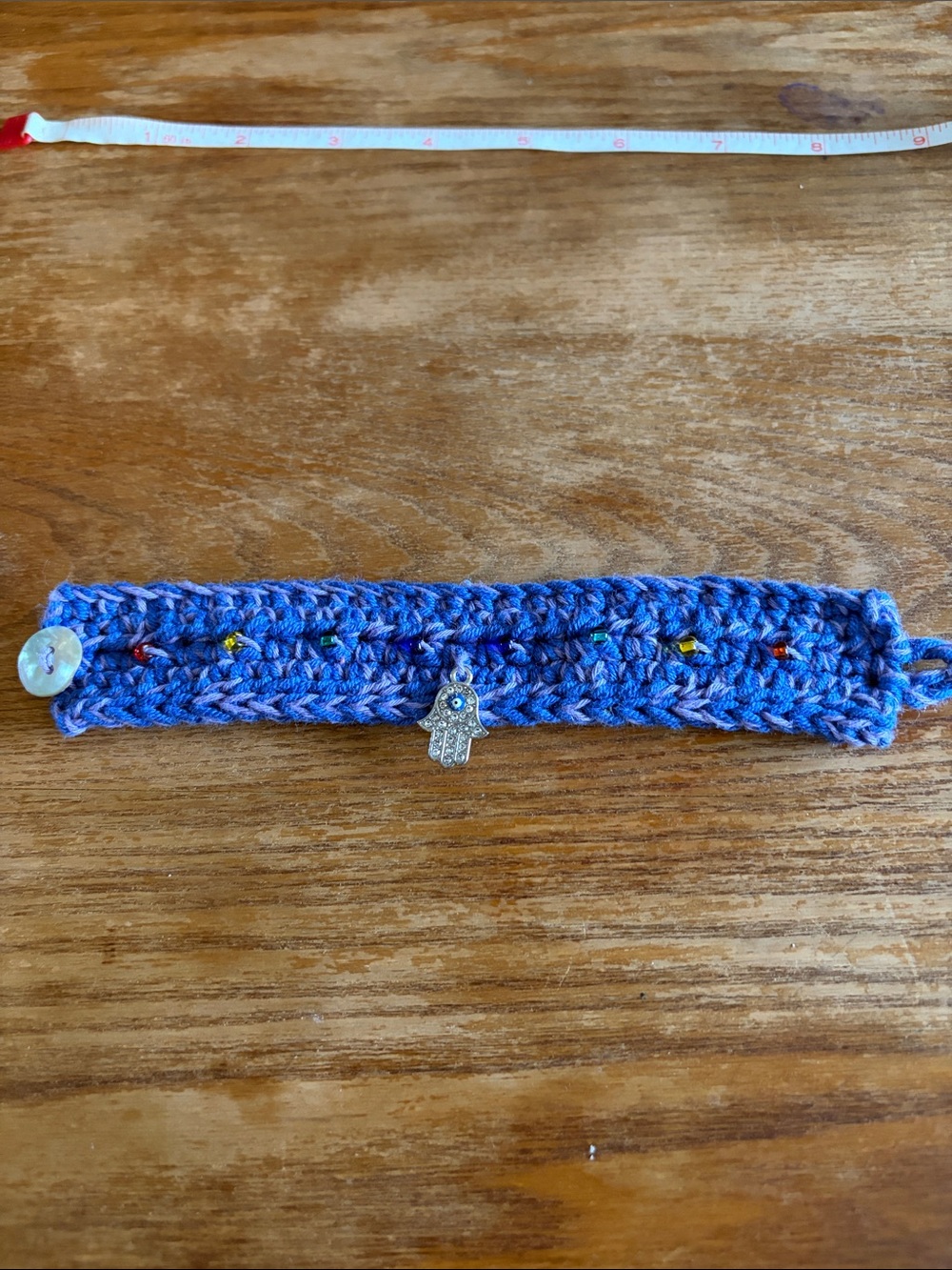 Handmade Blue Crochet Bracelet with Hamsa Charm